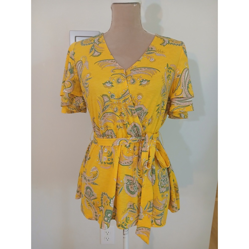 Cato Womens Yellow Paisley Faux Wrap Tie Waist Blouse Top XS Short Sleeve New
